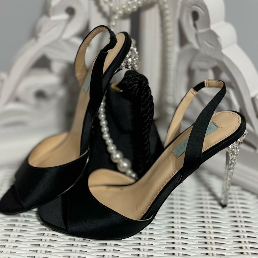 Betsey Johnson black satin sling back/peep toe with rhinestone heels. Size 8.5